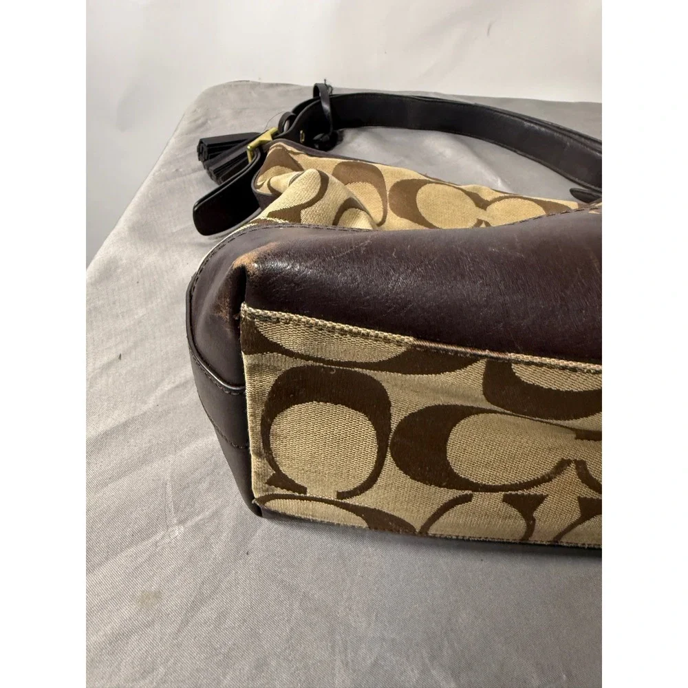 Coach Signature Jacquard Canvas Hobo Bag Brown Leather Trim Tassel Hobo Bag